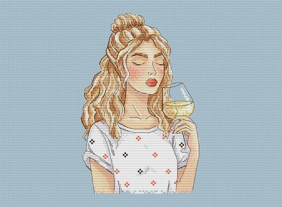 Blond girl with glass of wine cross stitch pattern white wine cross stitch blond hair girl pattern glass of white wine cross stitch