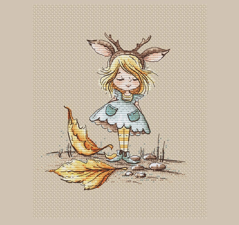 Little Autumn Fairy cross stitch pattern girl with deer horns pattern pdf cute forest girl cross stitch pattern gift for girl cross stitch image 1