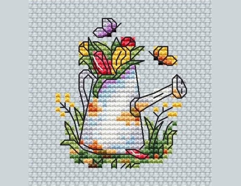 Watering Can With Flowers Cross Stitch Pattern Etsy