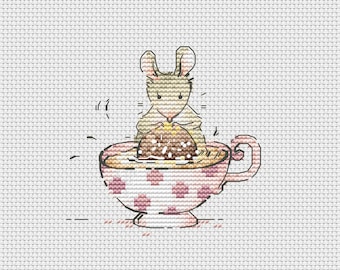 Cross stitch mouse with cookie cross stitch teatime cross stitch funny mouse cross stitch kitchen decoration