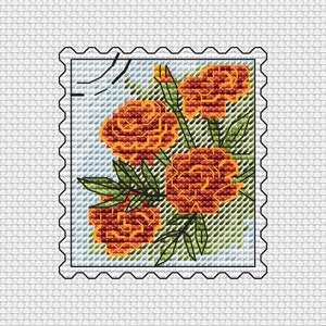 Può includere: Un francobollo in stile vintage con un disegno di fiori arancioni e foglie verdi.