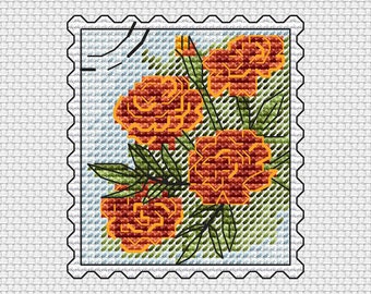 May include: A vintage-style postage stamp featuring a design of orange flowers and green leaves.