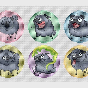 May include: A cross-stitch pattern featuring six cartoon pugs in various expressions. Each pug is enclosed in a colorful circle, with backgrounds of pink, green, blue, yellow, and purple. The pugs are gray with black facial features and tongues.