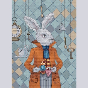 White rabbit cross stitch pattern rabbit with clock cross stitch rabbit with cup of tea cross stitch pattern fantasy rabbit cross stitch