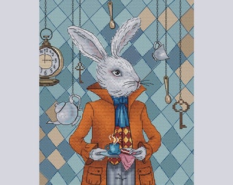 White rabbit cross stitch pattern rabbit with clock cross stitch rabbit with cup of tea cross stitch pattern fantasy rabbit cross stitch