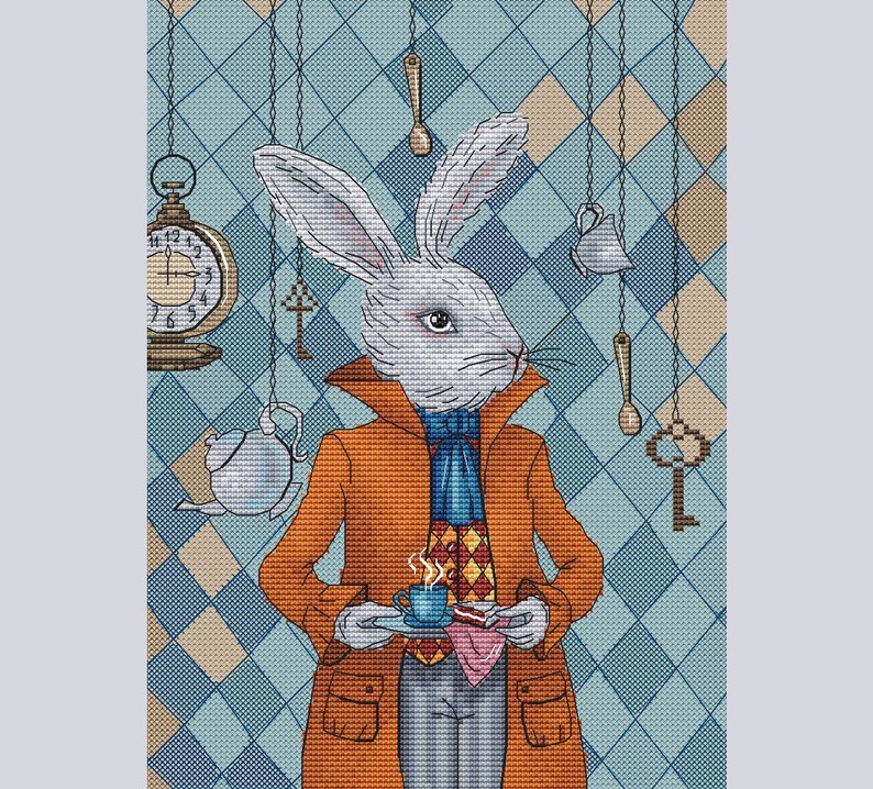 White rabbit cross stitch pattern rabbit with clock cross ...