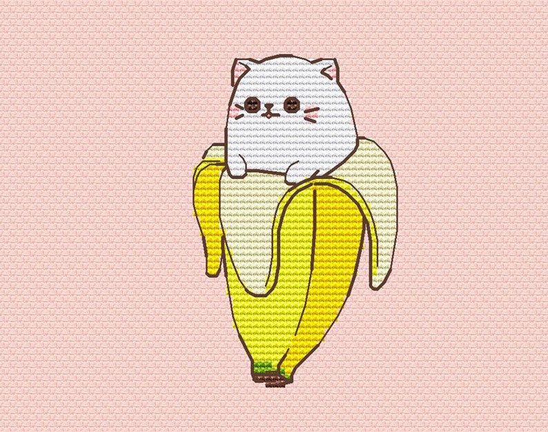 Cat with banana cross stitch pattern banana cat cross stitch anime cross stitch kawaii cat cross stitch