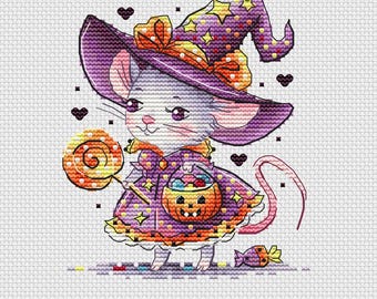 Halloweenmuis in heksenjurk kruissteekpatroon