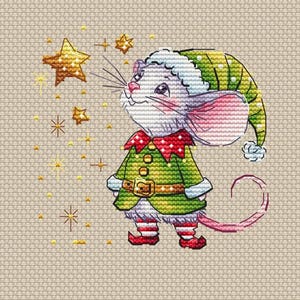 May include: Cross-stitch design of a mouse dressed as an elf, gazing at a golden star. The mouse wears a green and red outfit with a matching hat and shoes. Several smaller stars surround the mouse, all set against a beige background.