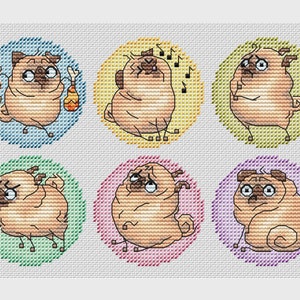 May include: Six colorful circles with different cartoon pug illustrations. Each pug has a different expression and is doing a different activity. The pugs are in various colors, including brown, yellow, blue, green, pink, and purple.