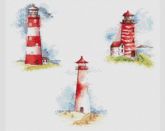 Lot de 3 phares, point de croix, phare, point de croix, paysage marin, point de croix, décoration, bricolage, point de croix, phare