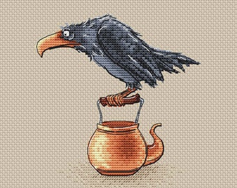 Raven Cross Stitch Pattern pdf Black raven on the kettle cross stitch chart Gothic cross stitch design Gift for bird lover epattern