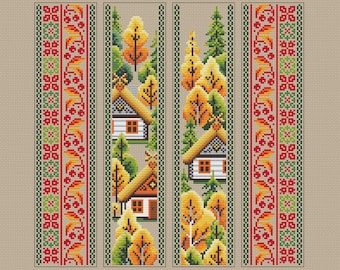 May include: Cross-stitch design featuring four vertical panels. The central panels depict small white houses with orange roofs nestled among yellow and green trees. The borders have a red, green, and orange floral pattern.