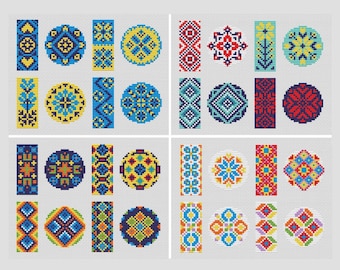 May include: A set of 20 colorful cross-stitch patterns featuring geometric designs. The patterns are arranged in a grid of four rows and five columns. Each pattern is a different color combination of red, blue, yellow, green, and white.