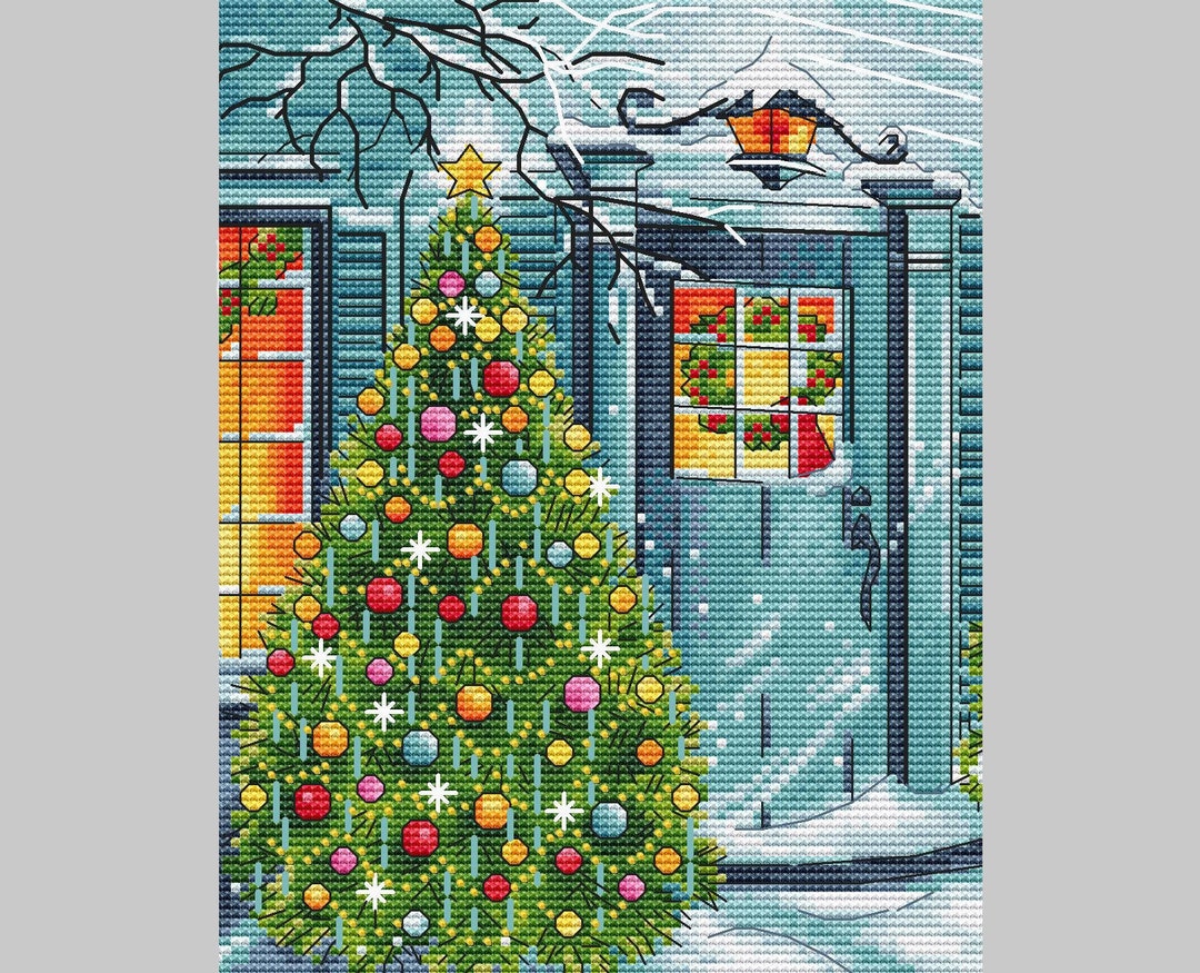 Christmas Door Cross Stitch Pattern Christmas Tree Near the House Cross ...