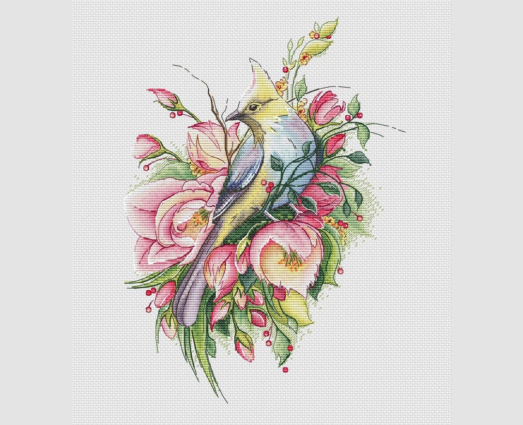 Bird With Flowers Cross Stitch Pattern Waxwing Cross Stitch - Etsy