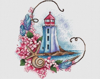 Romantic Lighthouse cross stitch pattern Lighthouse with flowers instant download pattern pdf sea home decor cross stitch chart