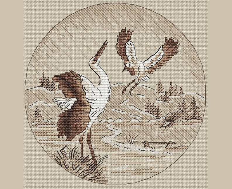 Cranes Pair Cross Stitch Pattern Round Design Cross Stitch - Etsy