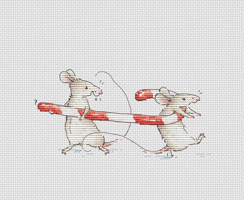 May include: Two mice carrying a red and white candy cane. The mouse at the front is holding the candy cane with its front paws and is looking to the right. The mouse at the back is holding the candy cane with its back paws and is looking to the left.