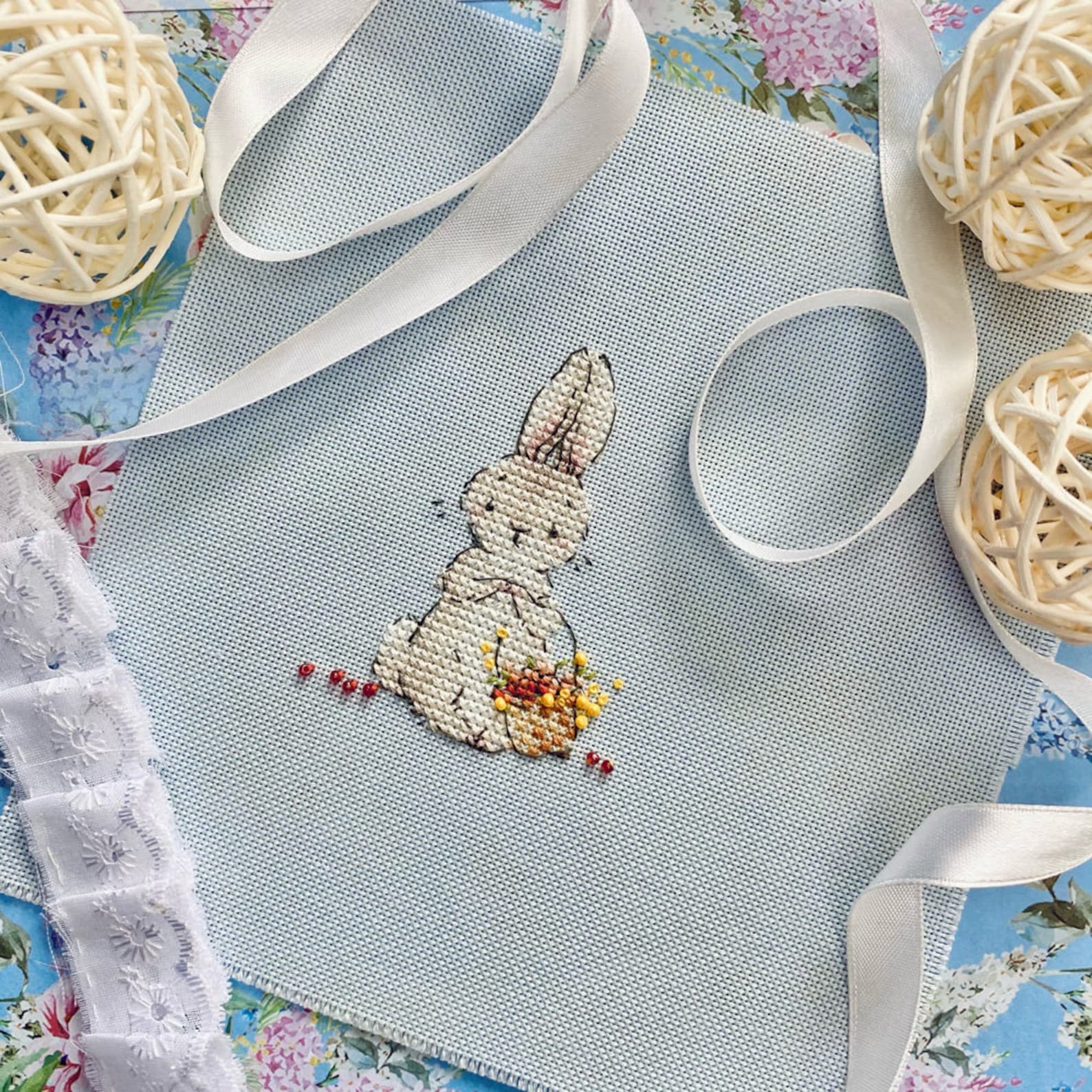 Spring Bunny With Flowers Cross Stitch Pattern Bunny Girl With Basket ...