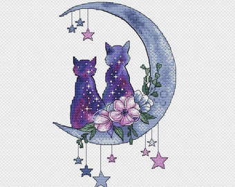 Cross stitch pattern Moon Cats cross stitch wedding cross stitch stars cross stitch cats and flowers cross stitch night cats cross stitch