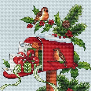 Christmas mail cross stitch pattern red mailbox cross stitch mailbox with gifts cross stitch Christmas ornament cross stitch