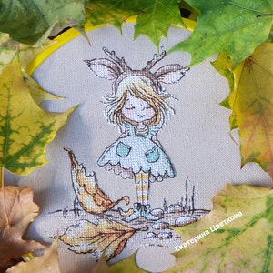 Little Autumn Fairy cross stitch pattern girl with deer horns pattern pdf cute forest girl cross stitch pattern gift for girl cross stitch image 2