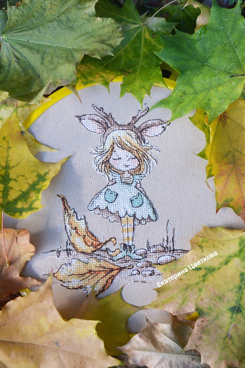 Little Autumn Fairy cross stitch pattern girl with deer horns pattern pdf cute forest girl cross stitch pattern gift for girl cross stitch image 2