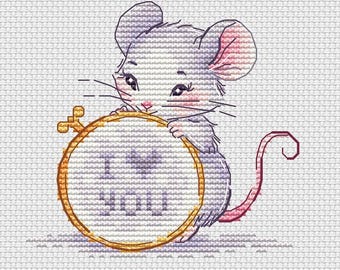 Mouse with embroidery hoop cross stitch pattern