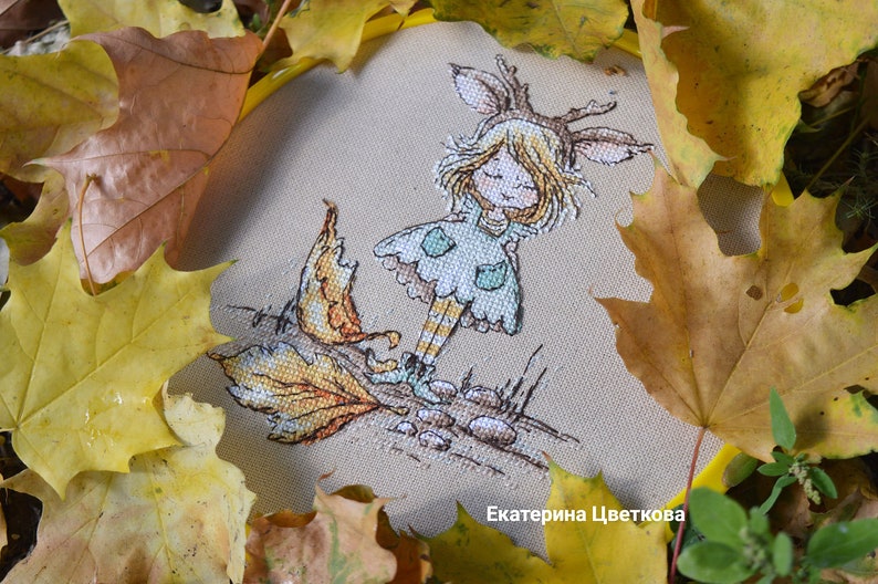 Little Autumn Fairy cross stitch pattern girl with deer horns pattern pdf cute forest girl cross stitch pattern gift for girl cross stitch image 3