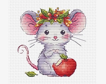 Mouse with apple cross stitch pattern