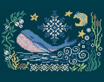 Fairy tale whale cross stitch pattern primitive needlework whale