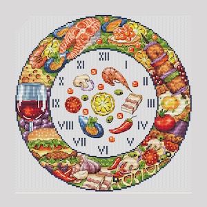 Könnte beinhalten: Ein farbenfrohes kreisförmiges Design mit verschiedenen Lebensmitteln, die um ein Zifferblatt angeordnet sind. Das Zifferblatt hat römische Ziffern und ist von Lebensmitteln wie Garnelen, Speck, Brot und Gemüse umgeben.