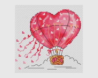 Hot air balloon with hearts cross stitch pattern