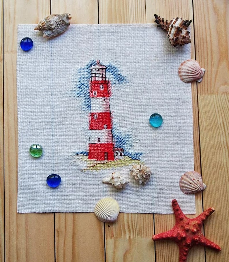 Striped Lighthouse cross stitch pattern naturalistic lighthouse pattern watercolor lighthouse cross stitch sea lanscape cross stitch pattern image 3