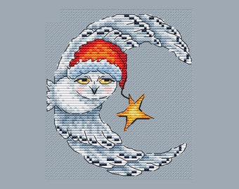 Moon owl cross stitch pattern