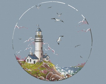 Lighthouse on the rock cross stitch pattern white lighthouse cross stitch pattern sea landscape cross stitch pattern sea waves cross stitch