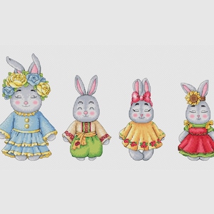 Bunny mom with children cross stitch pattern