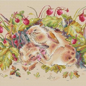 Bunny with strawberry cross stitch pattern