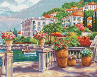 Seaside resort cross stitch pattern summer town landscape cross stitch south resort cross stitch