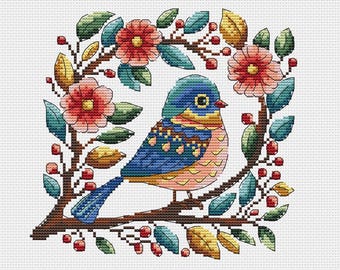 Bird and flowers cross stitch pattern
