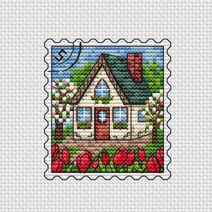 May include: A vintage-style postage stamp with a white cottage with a red door and green roof. The cottage is surrounded by trees and flowers. The stamp has a blue background and a white border.