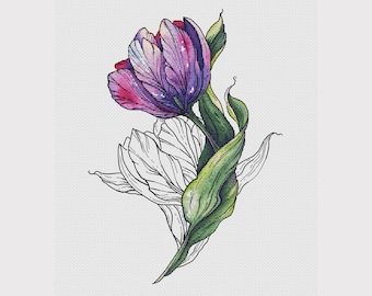 Big violet tulip cross stitch pattern purple flower cross stitch