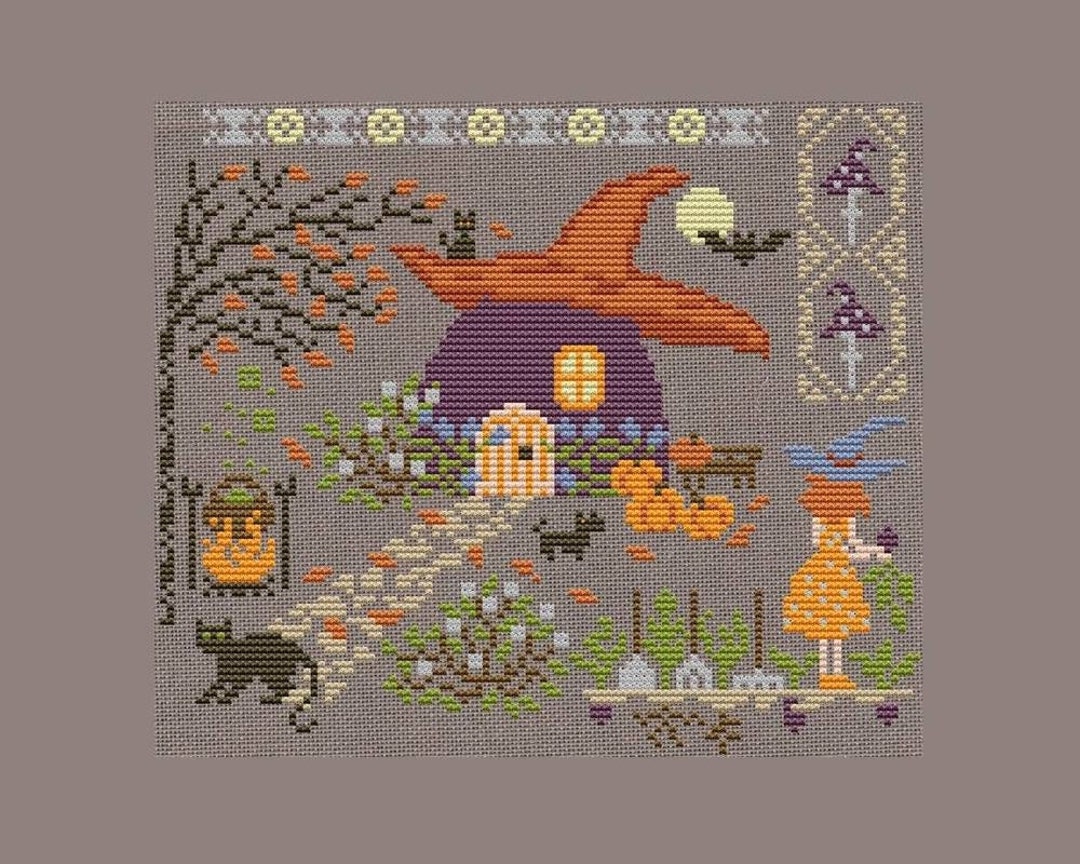 Witch House Cross Stitch Pattern Primitive Halloween Cross Stitch - Etsy