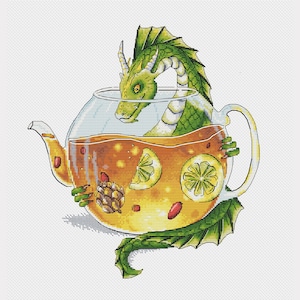 Dragon with teapot cross stitch pattern tea cross stitch glass teapot cross stitch little dragon cross stitch tea fantasy cross stitch