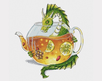 Dragon with teapot cross stitch pattern tea cross stitch glass teapot cross stitch little dragon cross stitch tea fantasy cross stitch