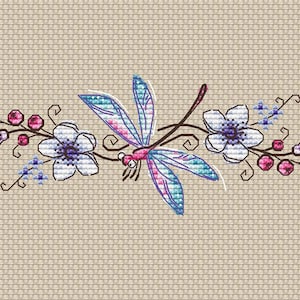 Dragonfly cross stitch pattern Instant download pdf Dragonfly with flowers cross stitch flower border pattern blue Dragonfly pdf