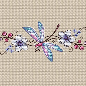 Dragonfly cross stitch pattern Instant download pdf Dragonfly with flowers cross stitch flower border pattern blue Dragonfly pdf