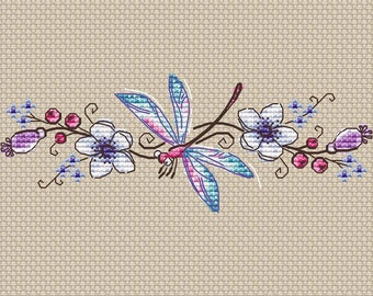 Dragonfly cross stitch pattern Instant download pdf Dragonfly with flowers cross stitch flower border pattern blue Dragonfly pdf