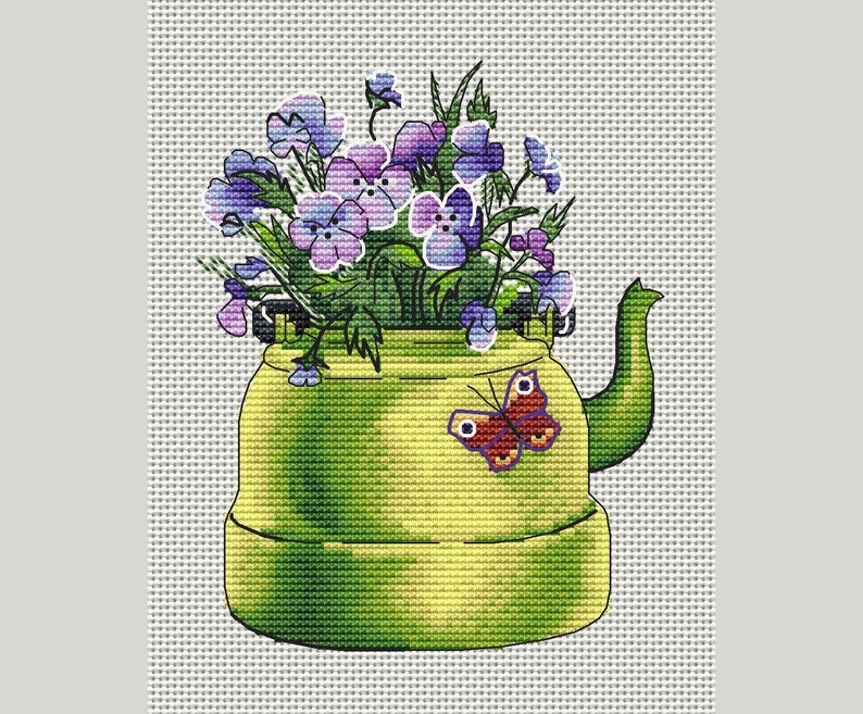 Violets Flowers in Kettle Cross Stitch Pattern Etsy